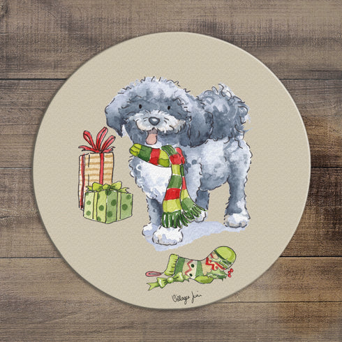 Havanese Fawn Grey & White Christmas Circular Glass Worktop Saver